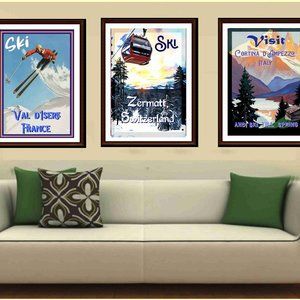 SET Of 3 Best European Ski Resorts Retro Travel Posters 20 x 30"